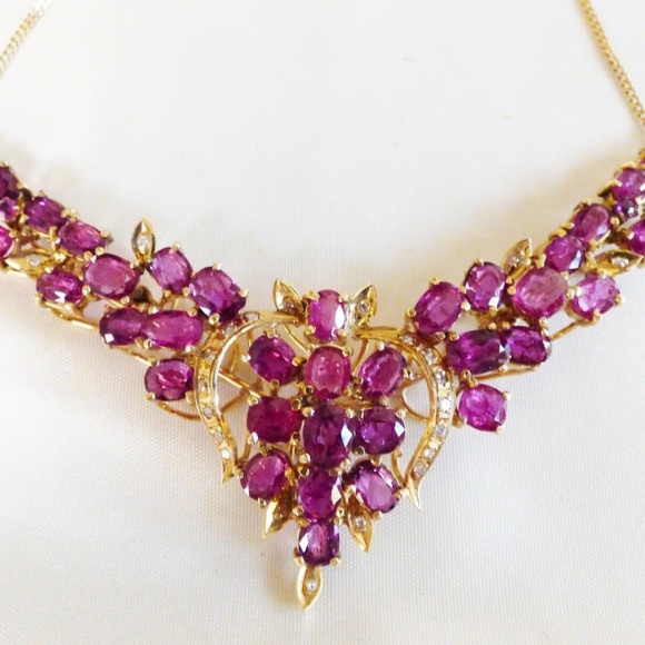 VTG Custom Made 14k yellow gold 16.55 TCW Ruby & Diamond Floral design Necklace - Picture 5 of 11